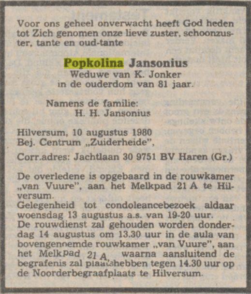 overlijdensadvertentie popkolina jansonius on 10 Aug 1980.